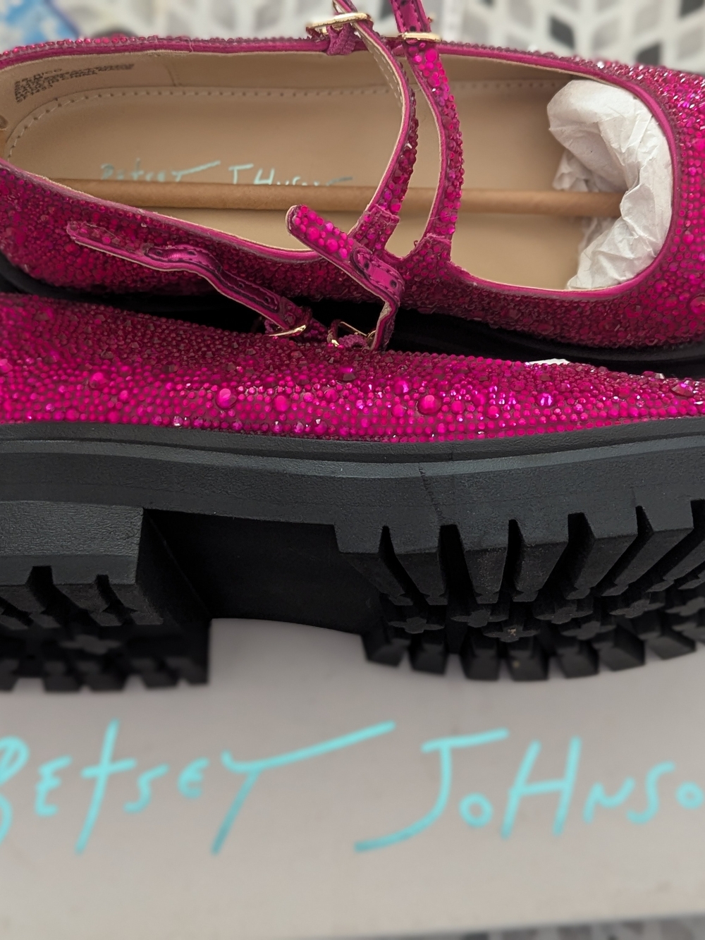 Betsey Johnson Hot Pink Crystal Mary Jane Flats with Black Lug Sole